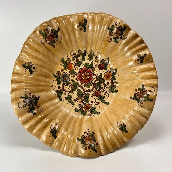 Vtg Cerbella Gubbio Ceramic Stoneware Pedestal Scalloped Fruit Bowl Floral Italy